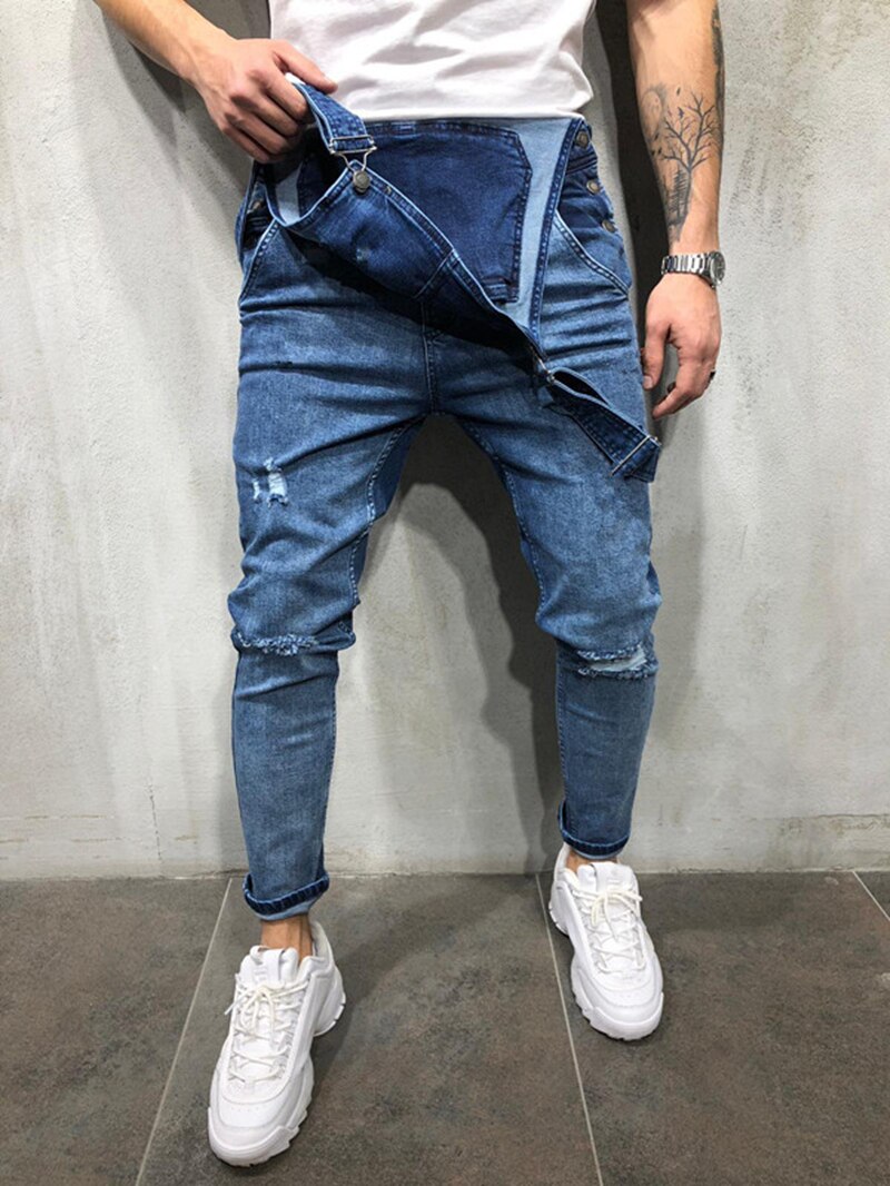 Män ripped cargo jeans jumpsuits distressed jeans haklappsbyxor overall man slim knä ripped hängselbyxor plus size s-xxxl