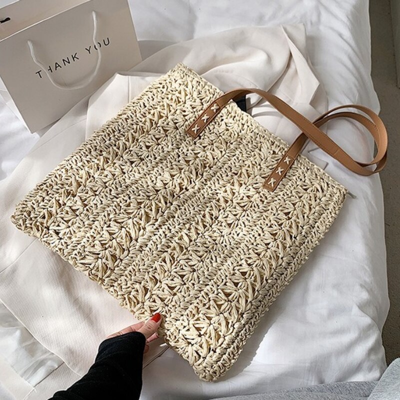 Square Hollow Straw Beach Bag Handmade Woven Shoulder Bag Raffia Rattan Shopping Travel Bag Bohemian Summer Vacation Casual Tote