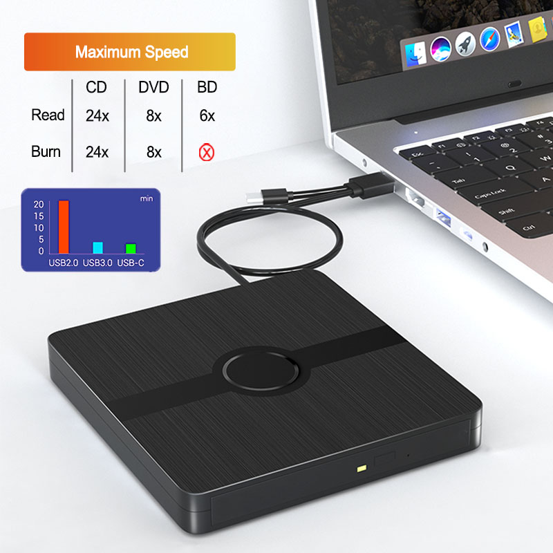USB 3.0 External Blu-ray Drive Portable 3D BD-Combo Optical Drives CD DVD Player Burner Reader for Laptop PC Windows 11/10 Mac