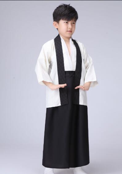 Kimono de Style japonais pour enfants, ensemble 2 pièces, costume pour garçon, grande taille, broderie, blazer + robe, ensemble de vêtements pour hommes: Black / 7T