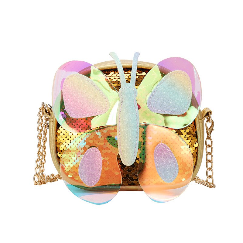 Koreanske børns mini håndtaske sød paillet butterfly crossbody tasker til børn piger kæde clutch pung skuldertaske: Guld