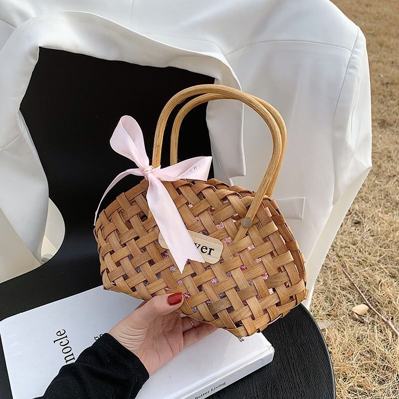 Bolsos de mimbre para mujer, bandoleras redondas huecas de mimbre tejidas a la , bolsos de mano de playa informales para mujer