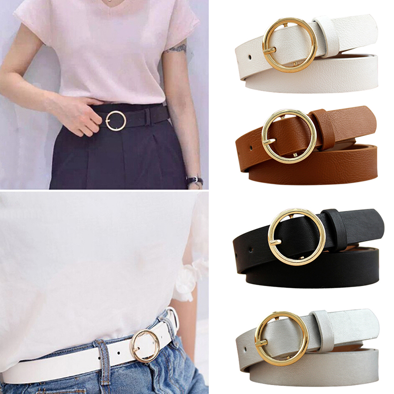 Round Metal Circle Belt Female PU Leather Waist Belts For Women Jeans Pants Black White