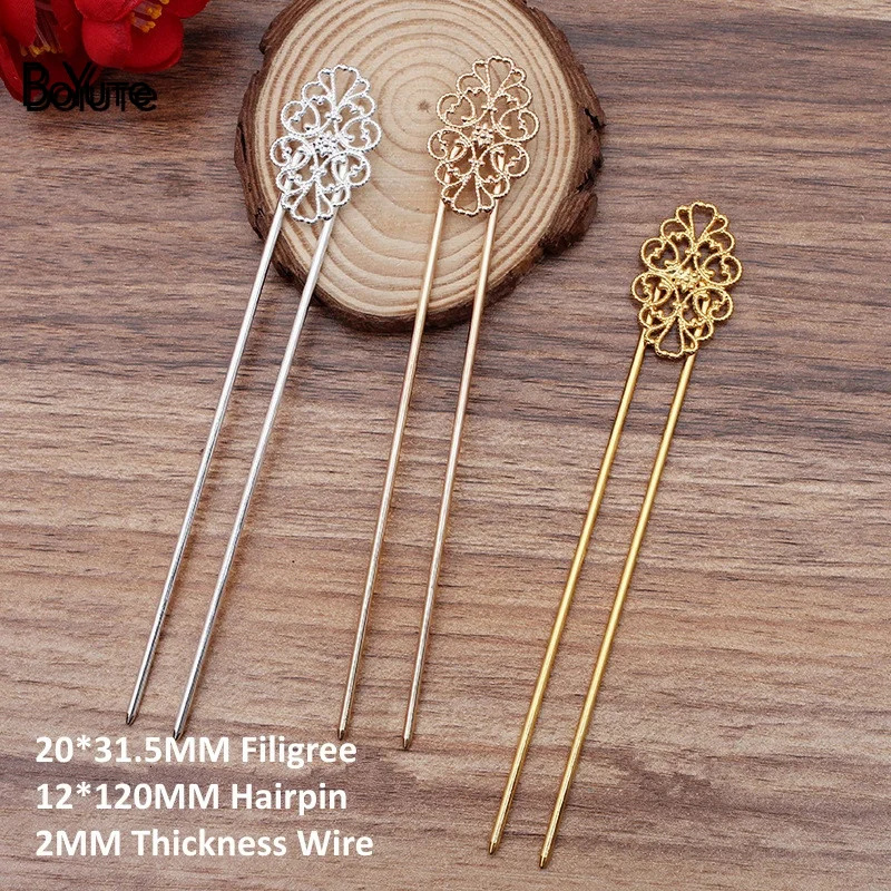 BoYuTe (10 stuks/partij) 12*115*2 MM Ijzer Haar Vork Haarspeld Lassen Messing Filigraan Diy Haaraccessoires