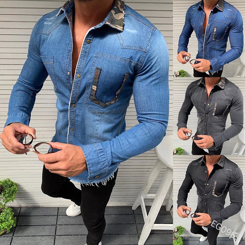 Mandlig vintage denim skjorte efterår herre camouflage sim fit langærmet skjorte rå kant mand hemd skjorte chemise blanche