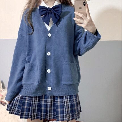 JK Cardigan Loose JK Sweater Coat japanese school uniform school girl uniform japanese uniformes estudiantes: Blue / M