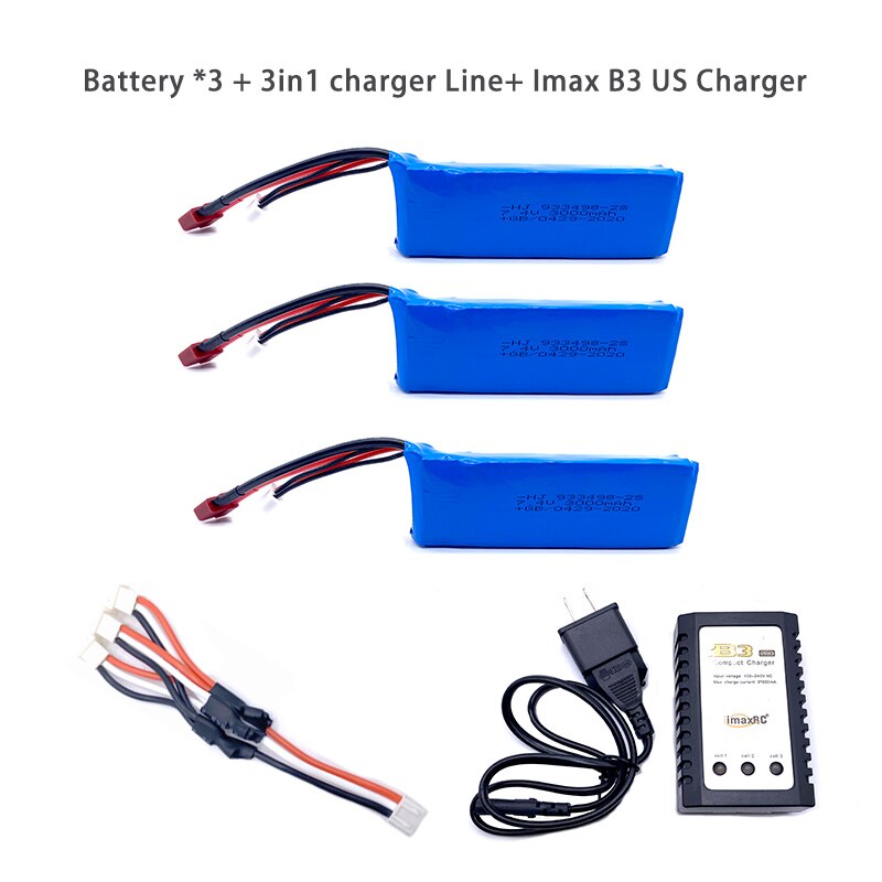 Aggiornamento 7.4V 3000mAh Lipo Batteria Per Wltoys 1/14 144001 RC Auto Giocattolo Pezzi di Ricambio 2s 7.4V batteria T Spina Per 144001 Parti di Batteria: 3Bat3in1LineB3USCH