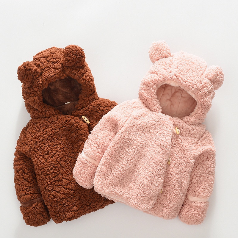 Cute Baby Girls Boys Wool Coats Ears Hooded Autumn Winter Clothes Infant Toddler Kids Warm Outfits Solid Brown Pink