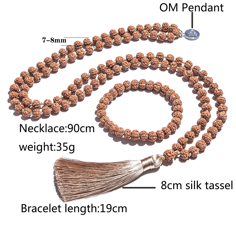 7-8mm original rudraksha frisado atado japamala colar pulseira conjunto meditação yoga bênção jóias 108 mala rosário