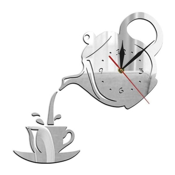 Teapot Kettle Wall Clock 3D Acrylic Coffee Tea Cup Wall Clocks for Office Home Kitchen Dining Living Room Decorations: Silver