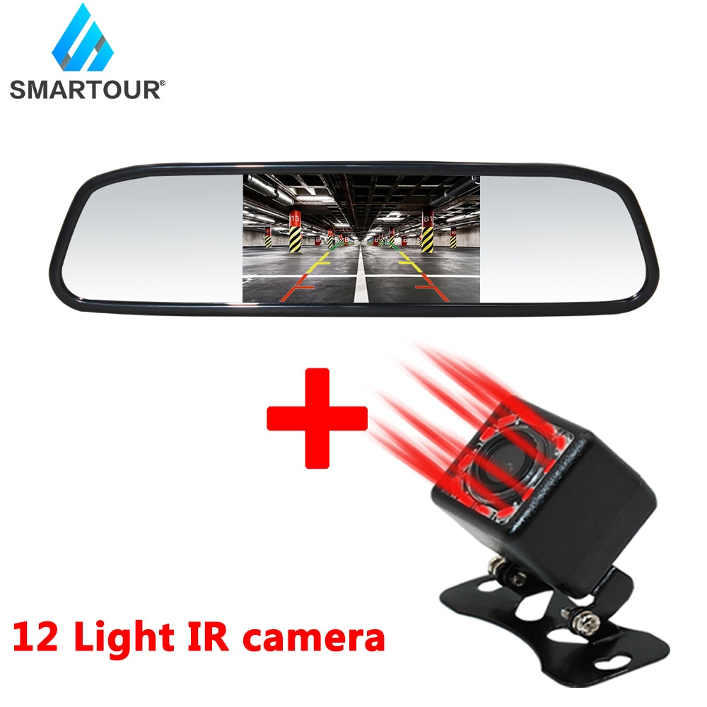 Cámara de marcha atrás smartour de 4.3 pulgadas para coche, monitor de espejo retrovisor hd, transmisor de aparcamiento inalámbrico: Rojo