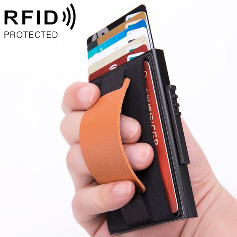 Rfid smart tegnebog kreditkortholder metal tynde slanke mænds tegnebøger passerer hemmelig pop up minimalistisk tegnebog lille sort pung