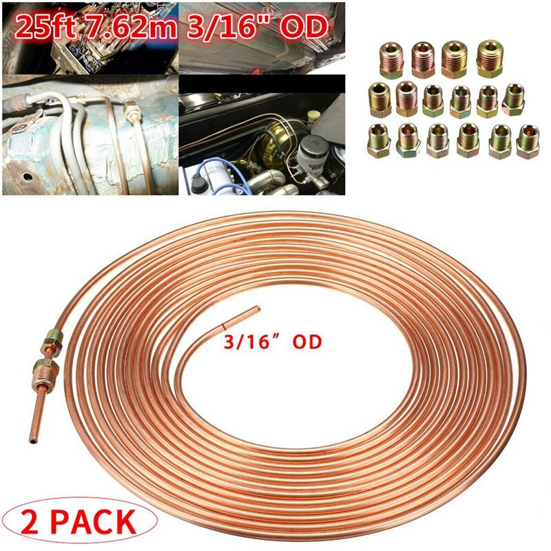 2 Pack 25Ft Copper Nickel Brake Line Tubing Kit 3/16 Inch OD + 30Pcs Fitting Nuts: Default Title