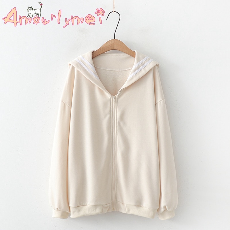 Japanese Preppy Style Autumn Women Jacket Mori Girl Kawaii Cotton Sailor collar Loose Long Sleeve Casual Coat Female Outerwear
