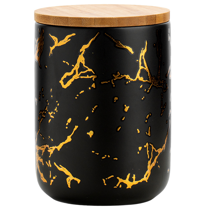 European Ceramic Storage Jar with Lid Marble Texture Kitchen Seal Cereal Dispenser Living Room Desktop Golden Stroke Candy Jar