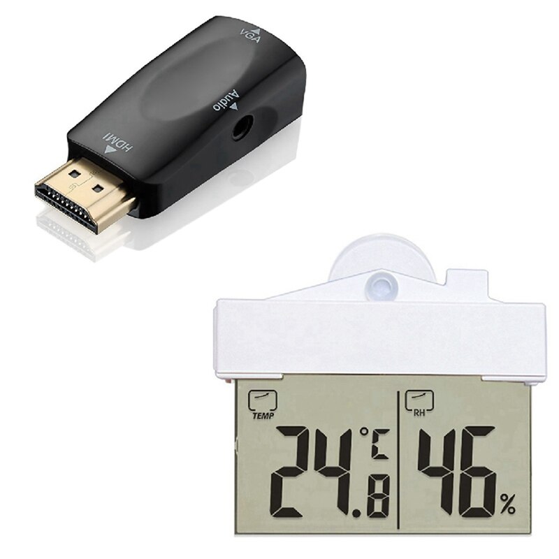 -1 Pcs Digital Transparent Home Window Display Thermomete &amp; 1 Pcs 1080P HDMI Male To VGA Female Adapter