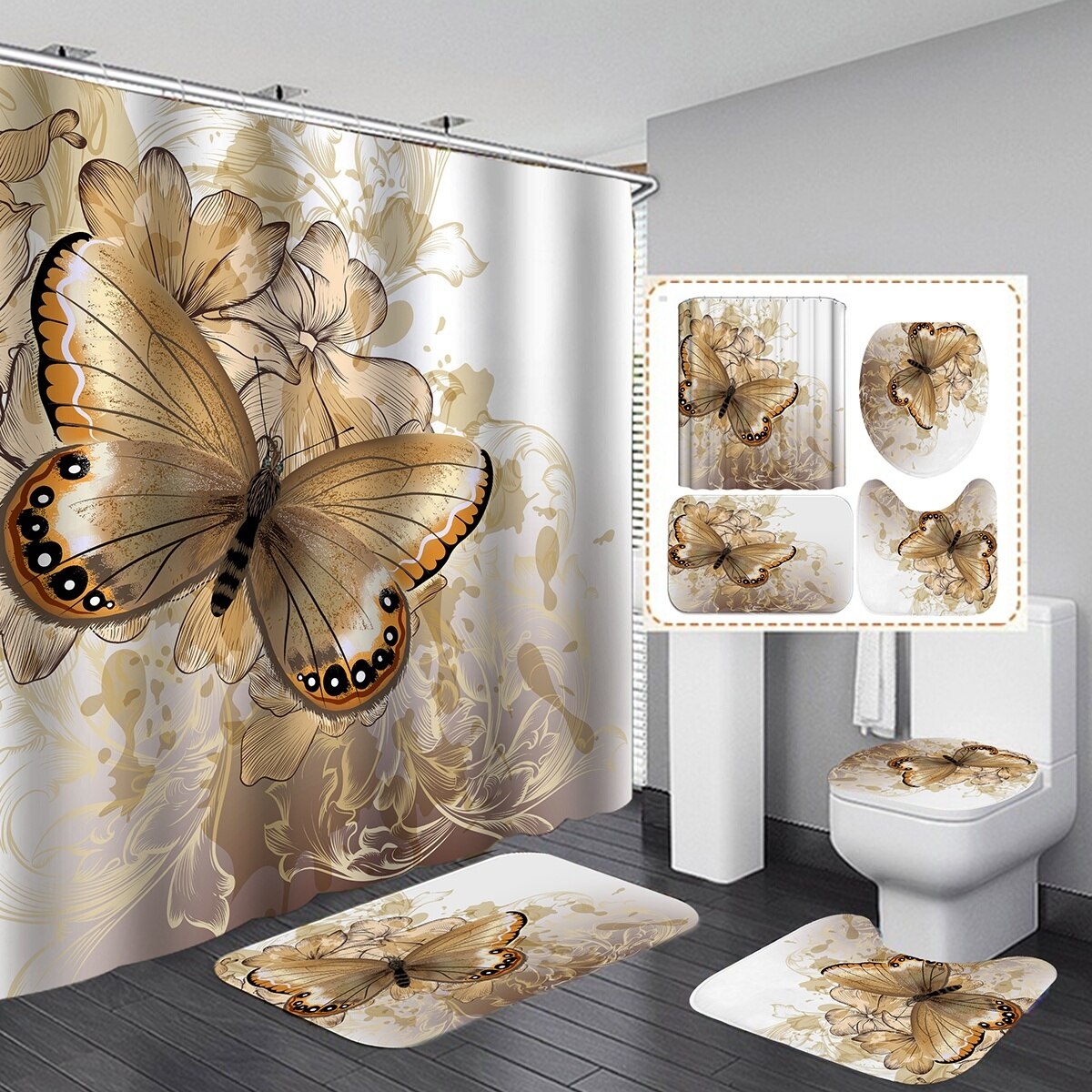Golden Blue Butterfly Flower Polyester Waterproof Shower Curtain Bathroom Curtains Set Non-Slip Rug Toilet Lid Cover Floor Mats: 4 PCS Full Set - A