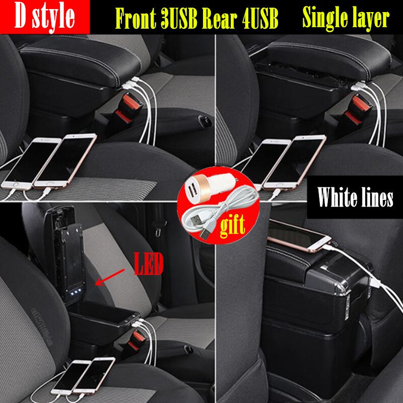 Draaibare Armsteun Doos Voor Renault Dacia Duster 2 Centrale Console Opbergdoos Bekerhouder Pu Lederen Usb: D style white lines