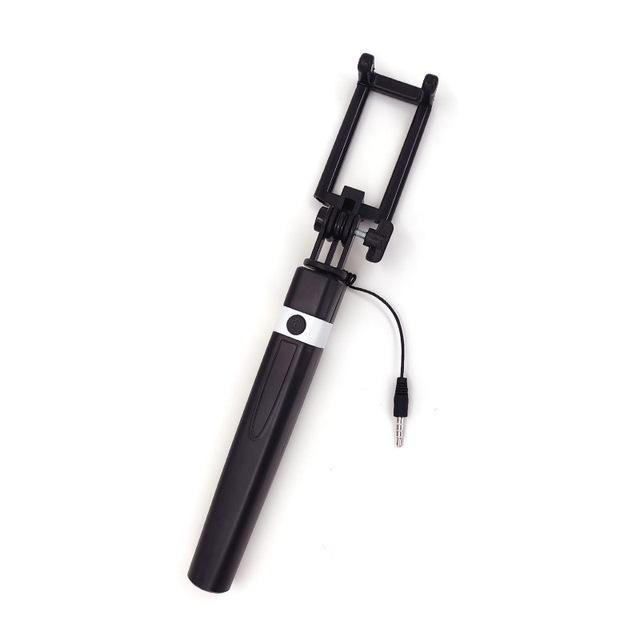Mini palo de Selfie controlado por cable rosa/azul/negro adecuado para Android 3,5mm enchufe palo de Selfie contracción 18cm estiramiento 72cm: Negro