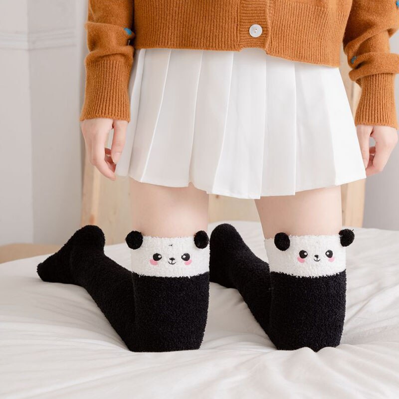 Winter Soft Coral Fleece Women Thigh High Socks Cute Cartoon Animals Panda Cat Bear Over Knee High Ladies Girls Long Socks Home