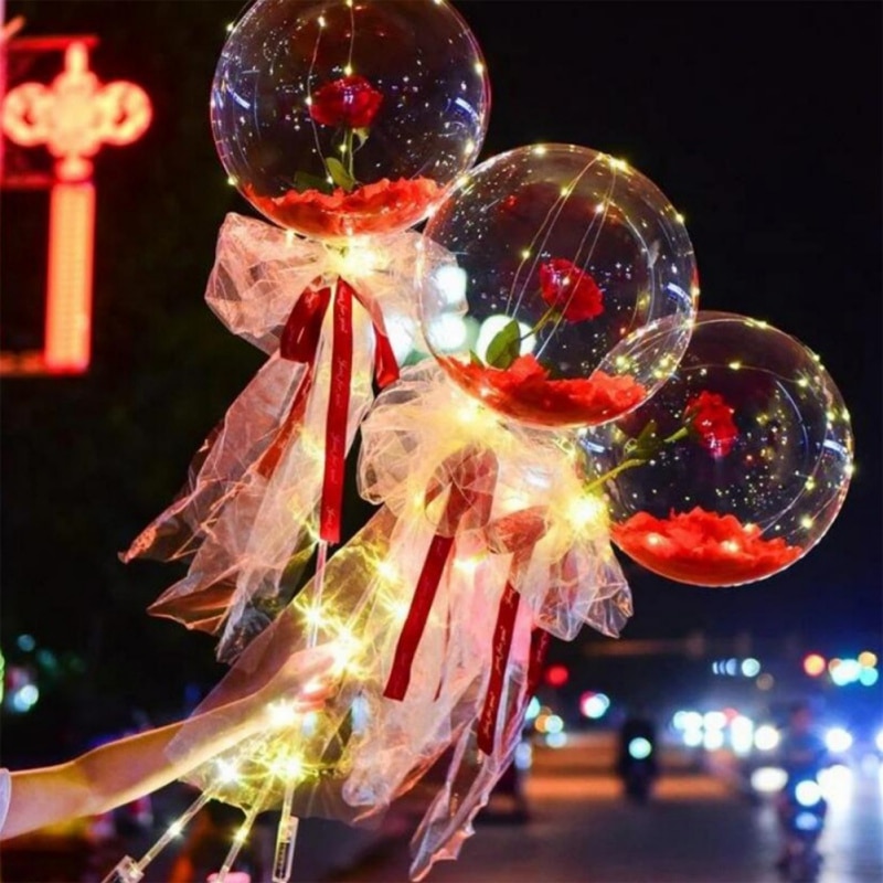 Diy Led Light with Rose Flower Balloons Valentine's Day Decoration Transparent Balls Wedding Led Luminous Balloon Rose Bouquet