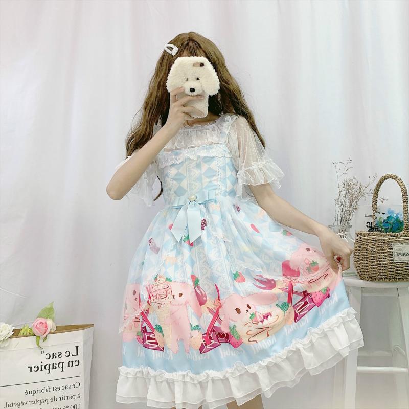 Sommer blød søster lolita top jsk kjole lolita med flæsede trompetærmer knop silke gaze bluse top