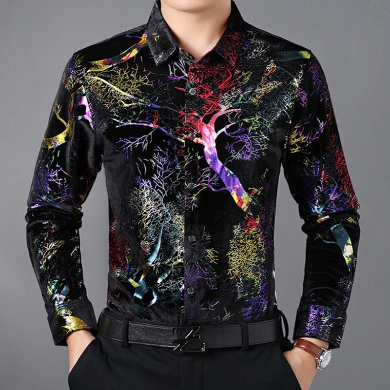 Luxury Gold Velvet Men's Shirts Casual Print Long Sleeve Shirt Men Shiny Tuxedo Shirts camisa masculina: Purple / 4XL