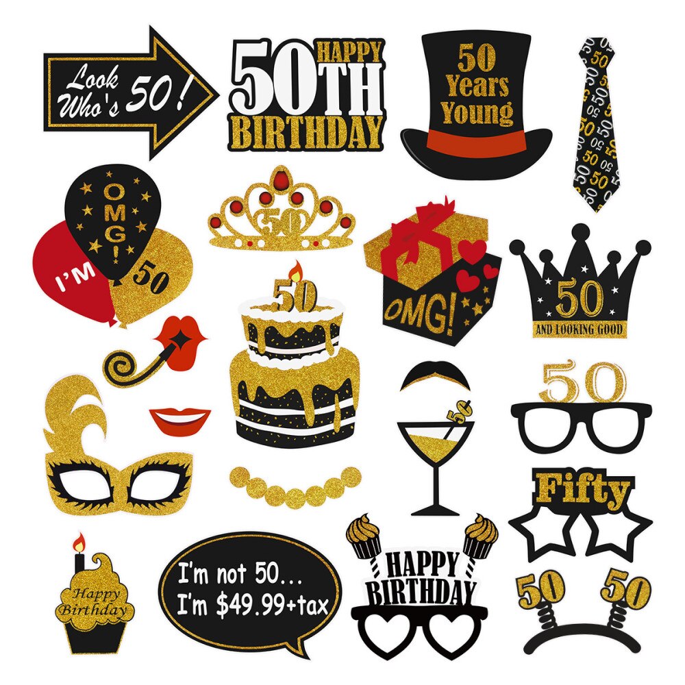 Amosfun-atrezo para fotografía de para adultos, conjunto de oro negro, Decoración de cumpleaños, 50 ° cumpleaños, 21 Uds.: Default Title