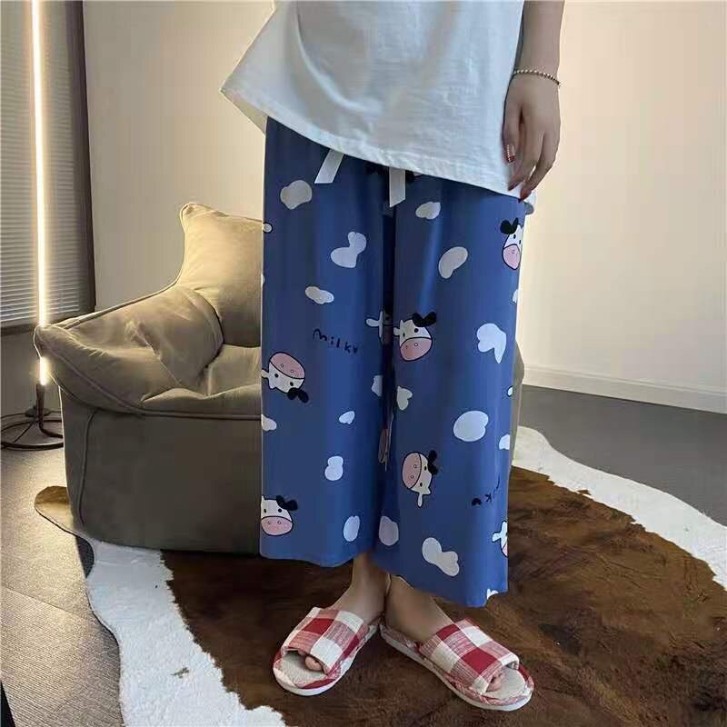 Vrouwen Zomer Slaap Bodems Homewear Slaap Broek Bloemenprint Pyjama Broek Katoen Comfortabele Brede-Been Elastische Ouc129