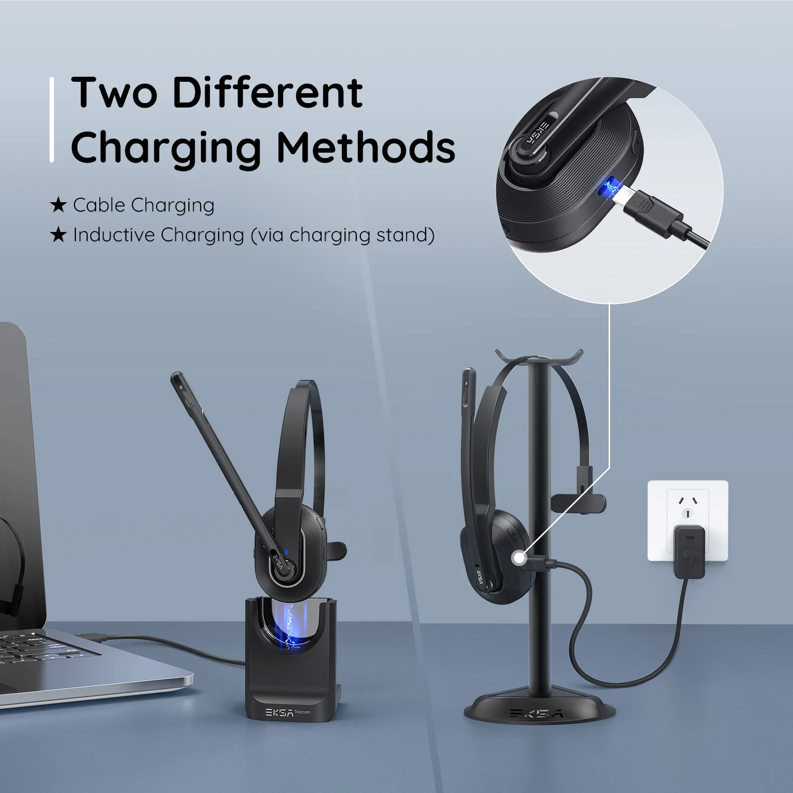 EKSA H5 Bluetooth 5.0-Kopfhörer zum Anrufen mit 2 ENC-Mikrofon-Mittelkopfhörern mit Ladestation, USB-Dongle für das Büro