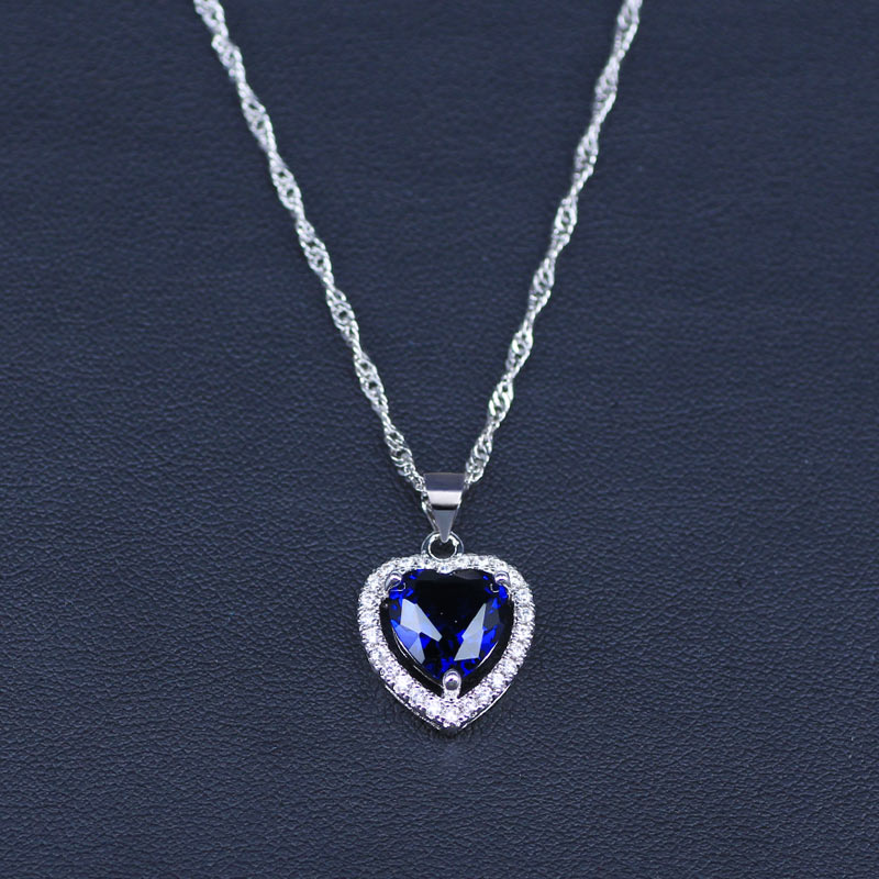 Russische eenvoudige stijl hart blauwe kristal witte zirkoon zilverkleurige sieraden sets voor dames ring ketting hanger oorbellen