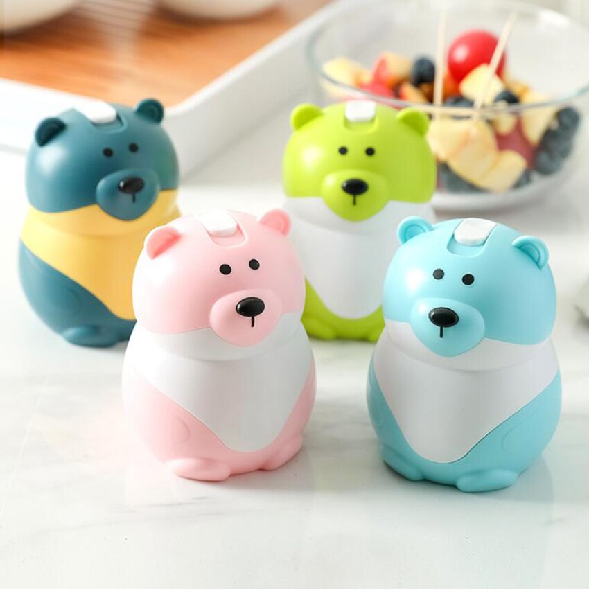 Automatic Push-type Toothpick Holder Cute Cartoon Bear Plastic Toothpick Dispenser with Slide Cover, Holds About 300 Toothpicks