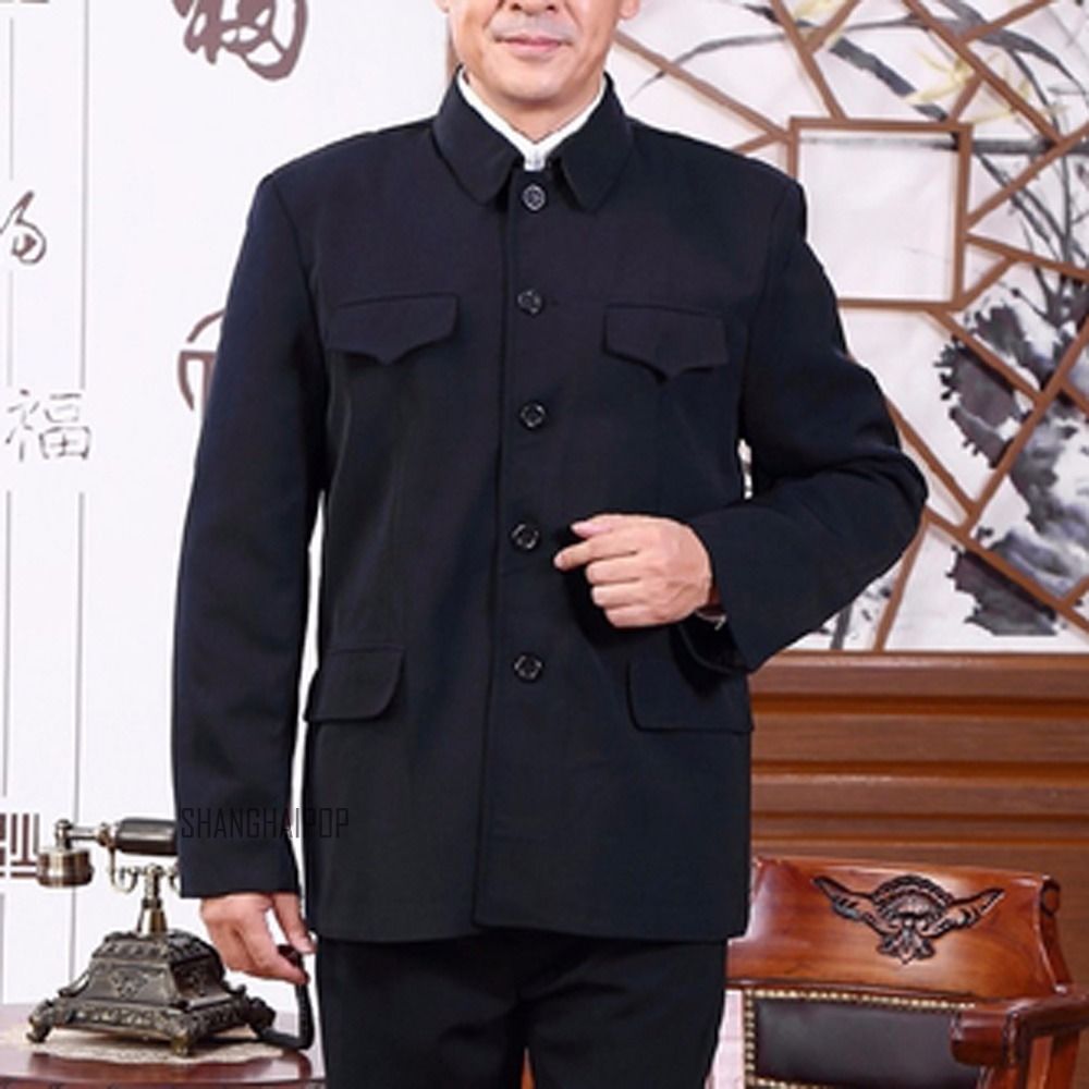Hommes simple boutonnage Mao veste chinois Vintage tunique Blazer manteau Zhongshan Slim Fit 058-096: Black / L