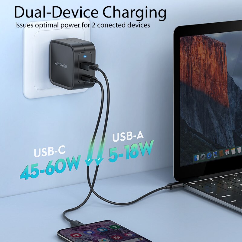 RAVPower GaN Charger 65W USB C Quick Charger Type C EU/US/UK Plug AC Folding Foot Fast Charge Phone Dual Port for IPhone MacBook