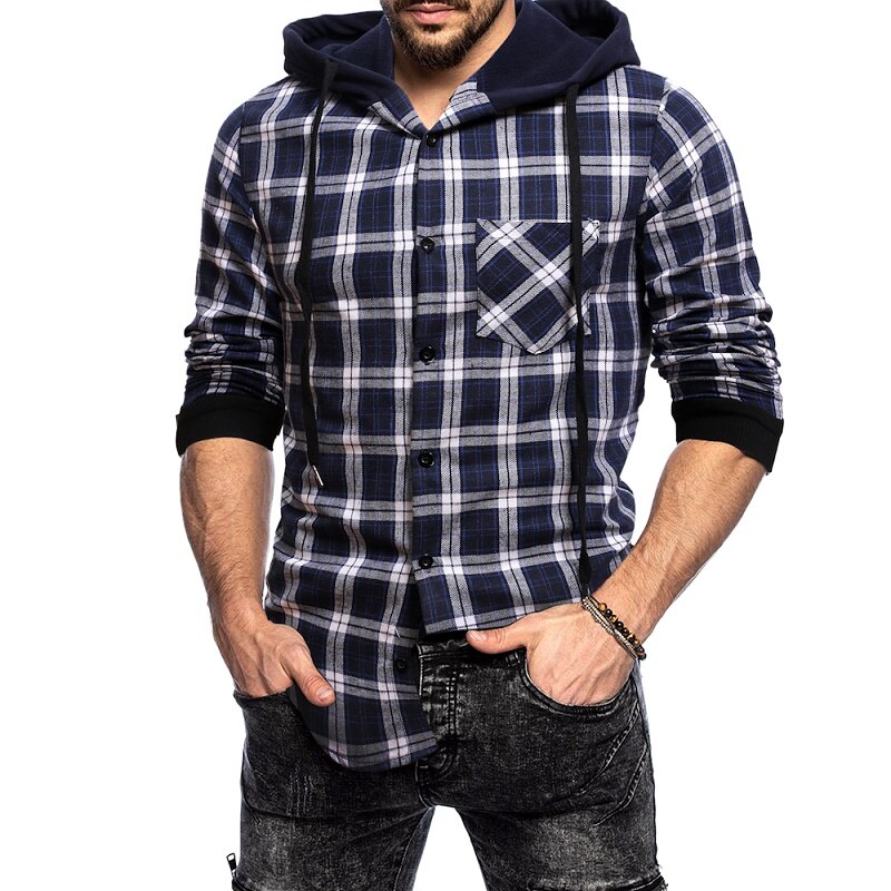 Katoen Hombre Sudaderas Con Capucha Plaid Gedrukt Navy Hooded Shirt Mannen Tops Streetwear Lange Mouwen Hip Hop Shirts: L