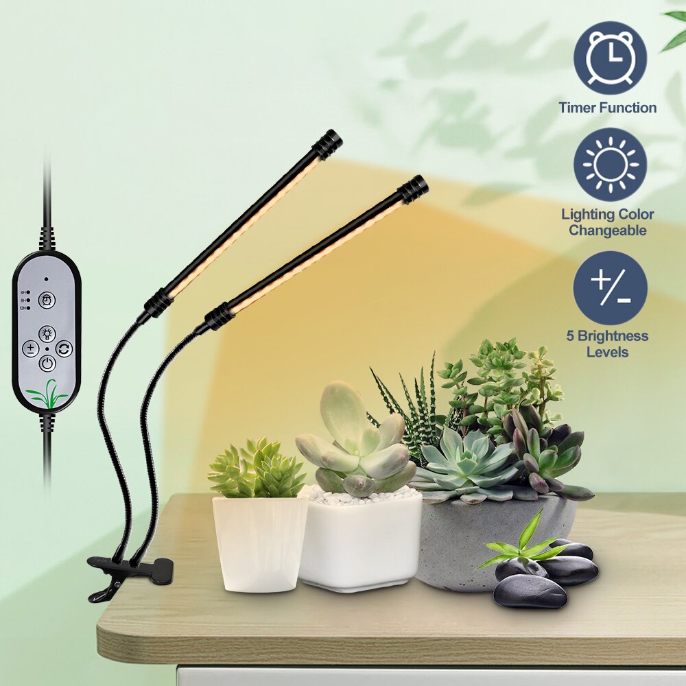 Usb plant odlingsljus solljus vit fullspektrumbelysning bordsklämma odlingslampa för växter 5 dimbara nivåer 4/8/12h timer