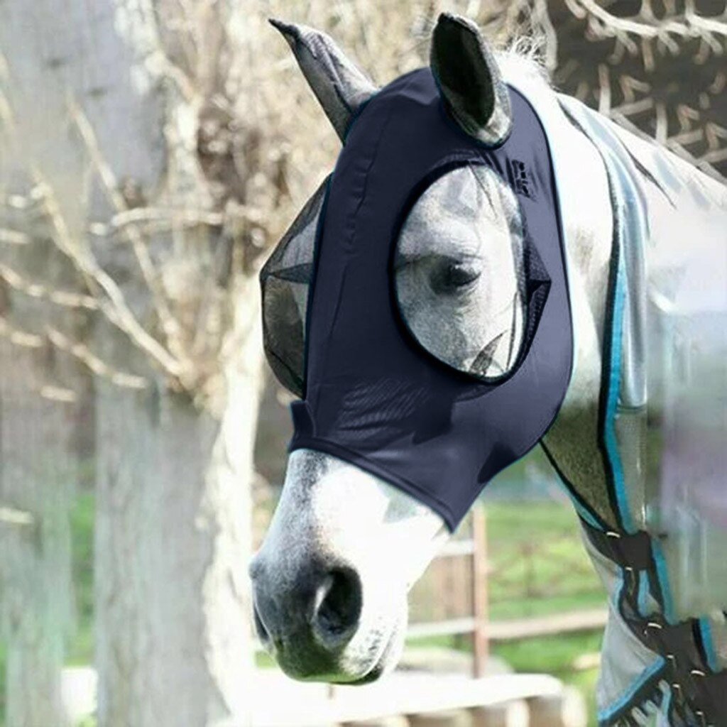 Anti-fly mesh heste maske hest maske stretch bug øje hest flue maske med dækkede ører hest flue maske lang næse med ører