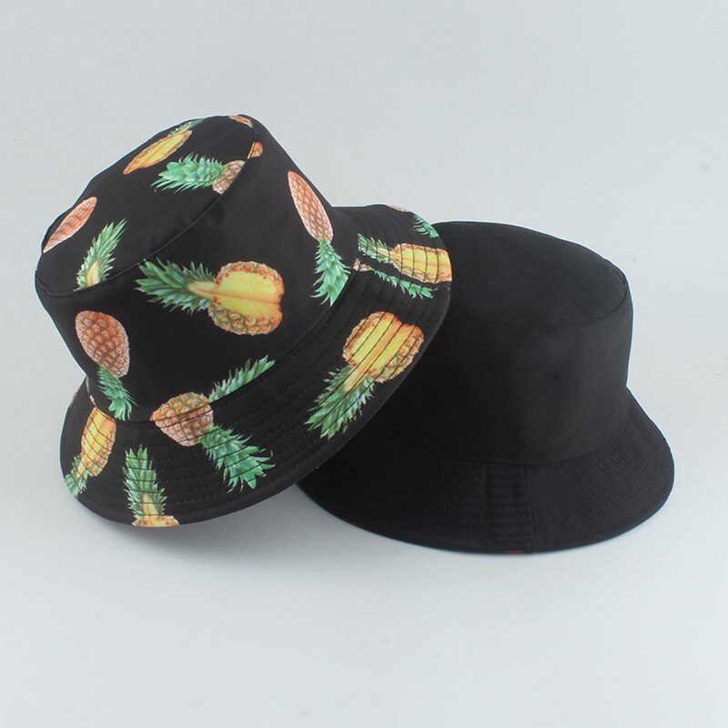 Summer Panama Hat For Women Fruit Mango Banana Pineapple Print Bucket Hat Men Reversible Fishing Fisherman Hats Hip Hop Caps: new pineapple black