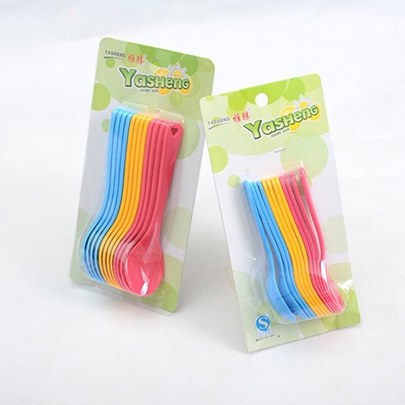 12pcs Safe Plastic Baby Feeding Spoons Lovely Baby Training Eating Kids Solid Ice Cream Coffee Spoon Set Kitchen Tableware