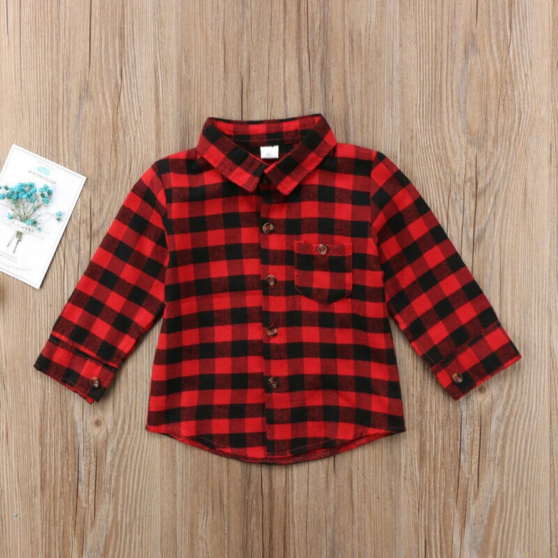 Chemise rouge et noire pour petits enfants | Chemise à carreaux à manches longues, chemise avec boutons et poche