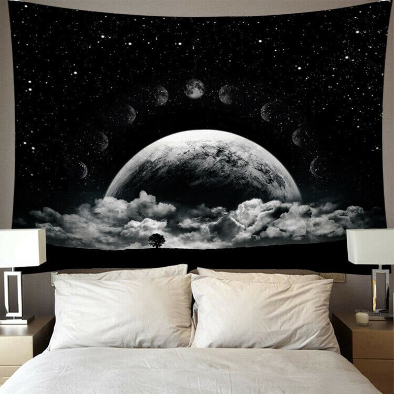 Tapiz para colgar en la pared, tapiz de poliéster con estampado de estrellas y Luna, decoración de pared para el hogar, tapices psicodélicos