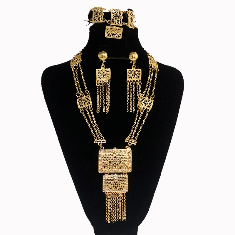 Dubai Saudi Arabia Gold Jewelry Sets for Women Luxury Tassels Bridal Jewelry Sets Geometric Necklace Muslim Sets