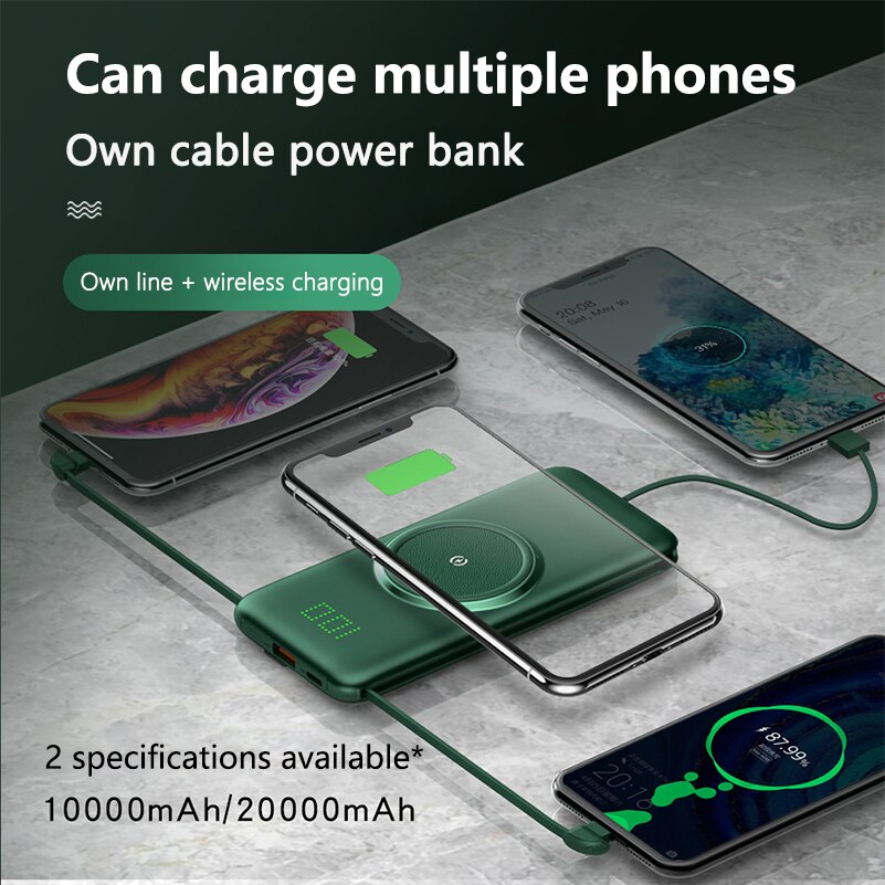 20000mAh Qi Wireless Charger Power Bank For Xiaomi iPhone Samsung Powerbank Built-in Cables External Battery Wireless Power Bank