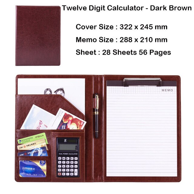 Business Office Folder Multifunctional Office Organizer with Calculator Clip A4 Leather Folder Folder Briefcase Office Supplies: C dark brown