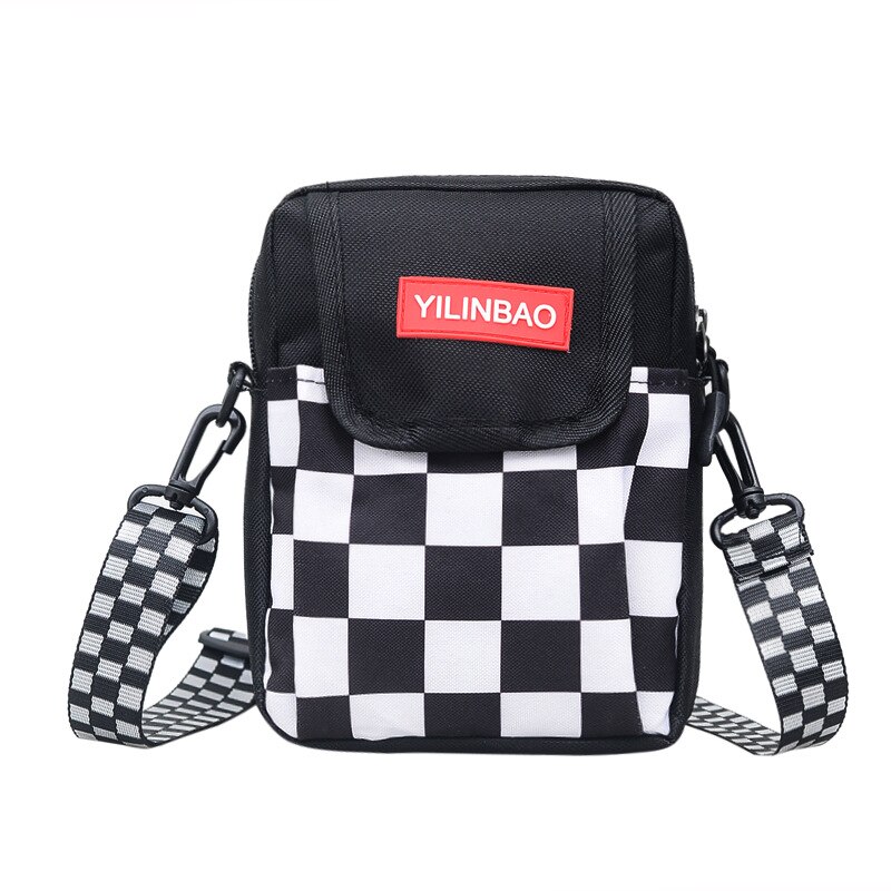 Harajuku Plaid Panelled Shoulder Messenger Bags Women Crossbody lattice Student Schoolbag Unisex Couples Riding bag Phone pocket: black