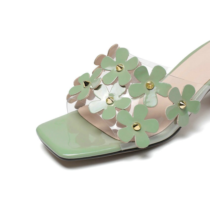 Qutaa Open Tenen Bloemen Sandalen Pu Leer Transparante Dames Pumps Zomer Vierkante Hak Slingback Vrouwen Schoenen Big Size 34-42