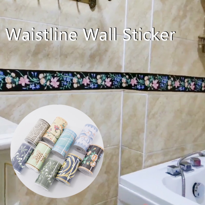 10cm*10m Waist Line Wall Sticker Kitchen Waistline Bathroom Toilet Waterproof Self Adhesive Wallpaper Border Floral Wall Paper