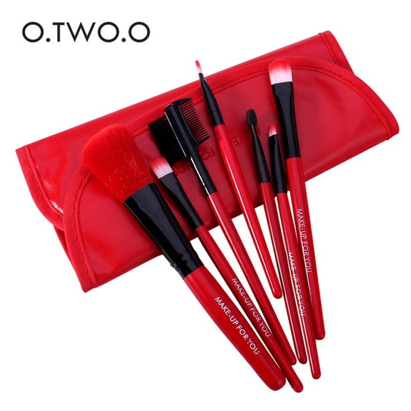 O. TWEE. O 7 stks/set rode Make-Up Kwasten Met Leather Case Soft Synthetisch Haar Blush Oogschaduw Lippen Make Up Borstel Voor Beginner borstel
