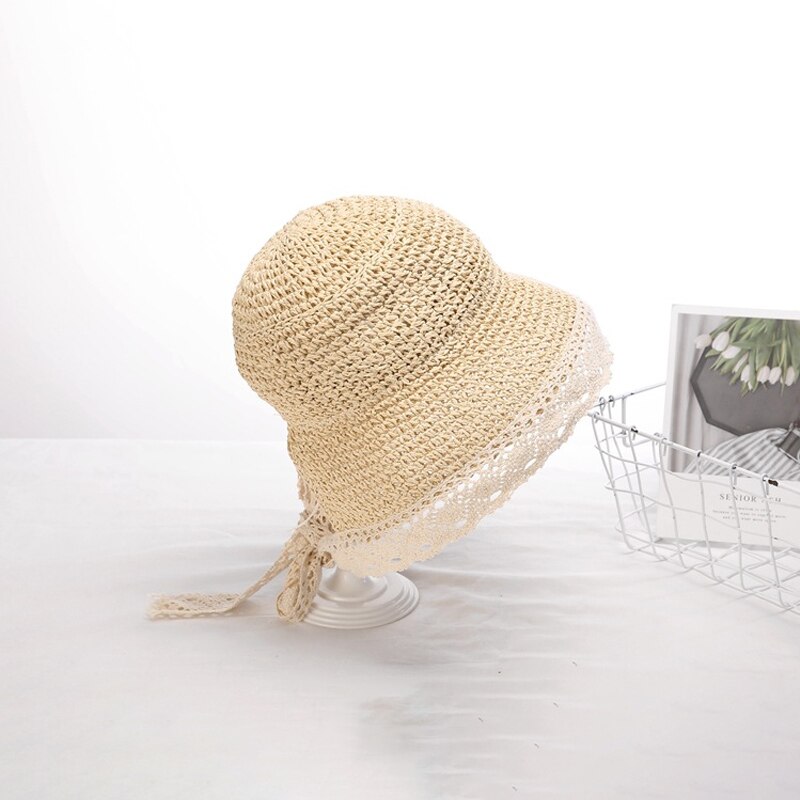 Sommar vår bebis flicka stråhatt fiskare solhatt strand parasoll snörning kvinnor dam utomhus förälder-barn hattar: Beige / S (2-7 år gammal)