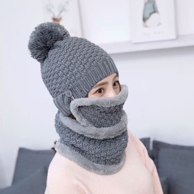 Gorro de lana de Pelo Liso para mujer, gorro de Cachemira de punto grueso y cálido, conjuntos de bufandas para exteriores, de invierno,: gray